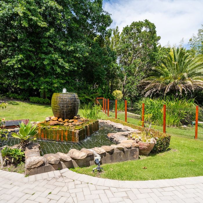 Garden water feature and paved paths